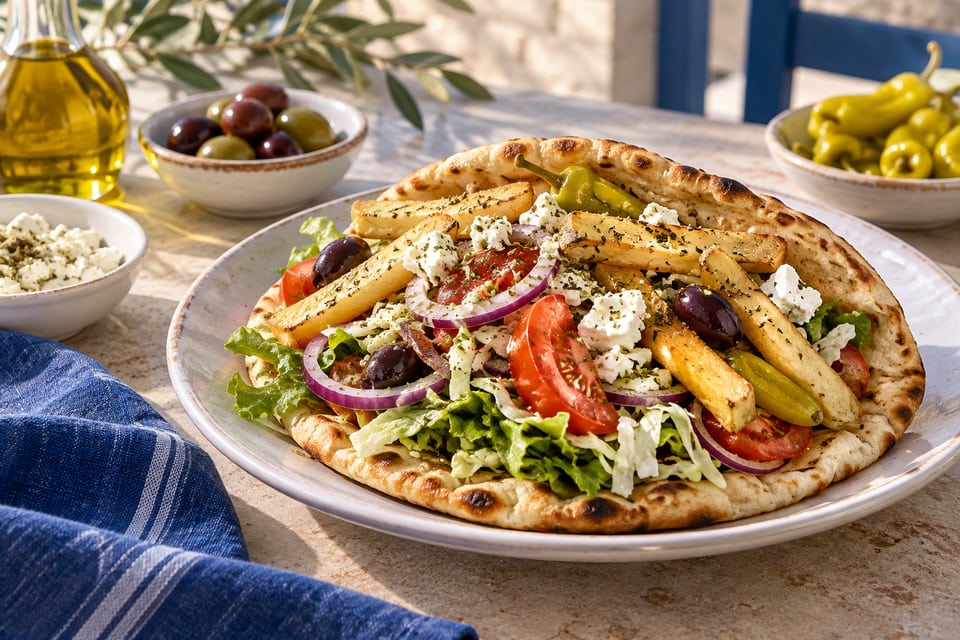 Pita garnie de légumes, de feta et de frites
